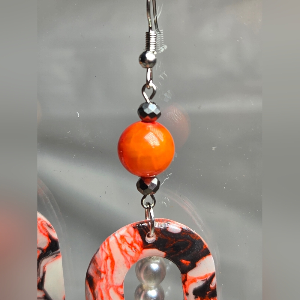 #B163- Handmade Marble Arch Earrings with Pearl Accents And Fire Agate Beads - Picture 3 of 5